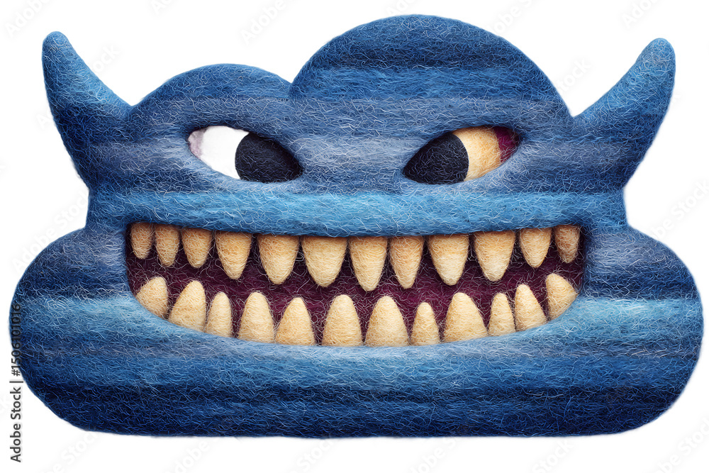 Naklejka premium Menacing Blue Cloud Monster with Sharp Teeth and Mismatched Eyes
