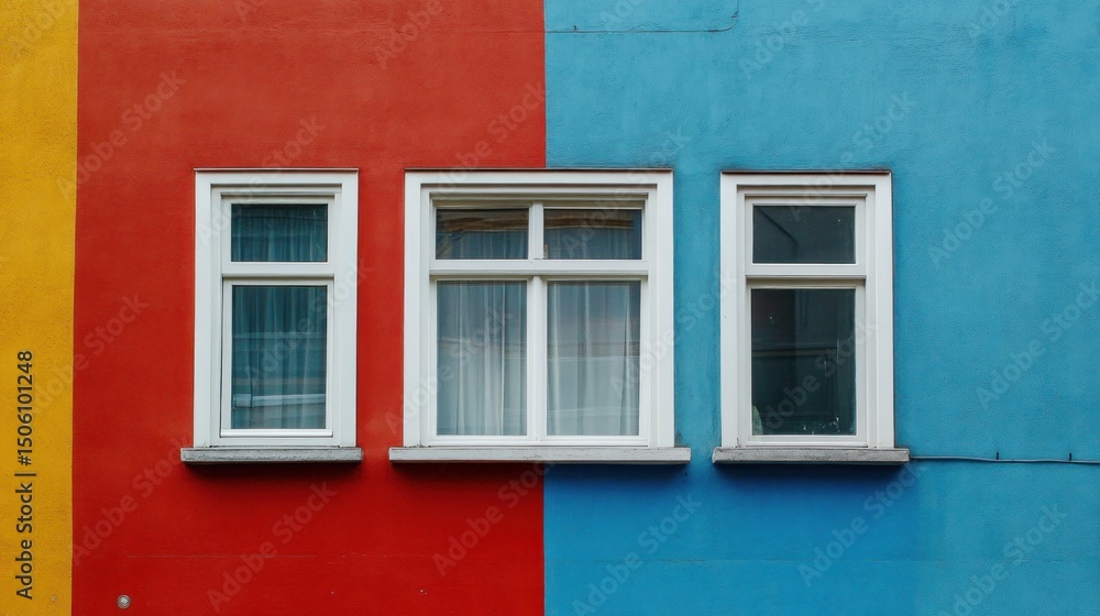 Colorful building facade with white windows Colorful building facade with white windows