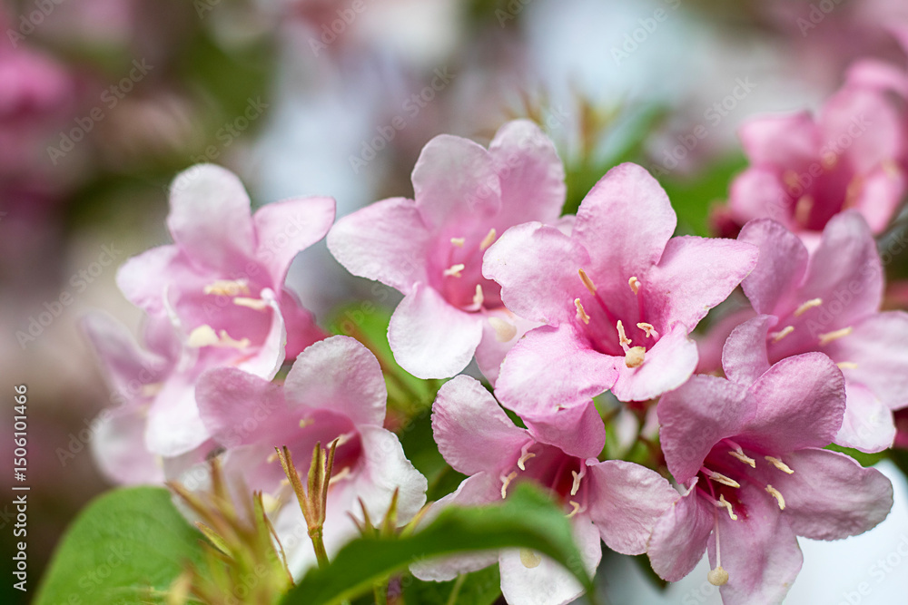 Fototapeta premium Bright blooming pink flowers with vibrant green leaves on a sunny day