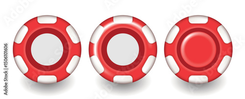 Gambling chips. Red 3d vector chips isolated on white background.