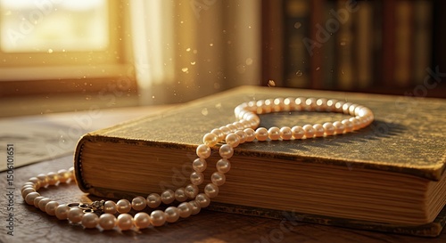 A close-up image showcasing a pearl necklace draped delicately over an antique book. Warm sunlight streams through a window illuminating the scene creating a vintage aesthetic.