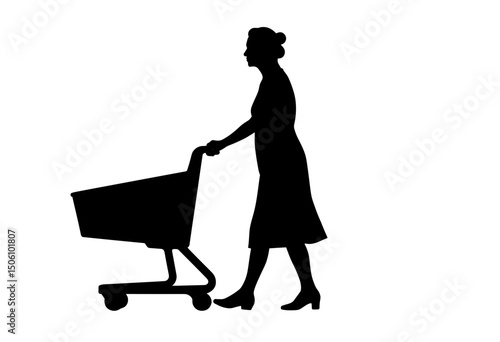 Elderly woman shopping while pushing a cart - Concept of silhouettes of elderly people  