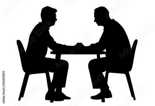Silhouettes of elderly people arm wrestling at a table  