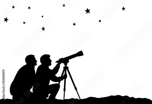 Two men observing stars through telescope in silhouette at night - Concept of silhouettes of elderly people  