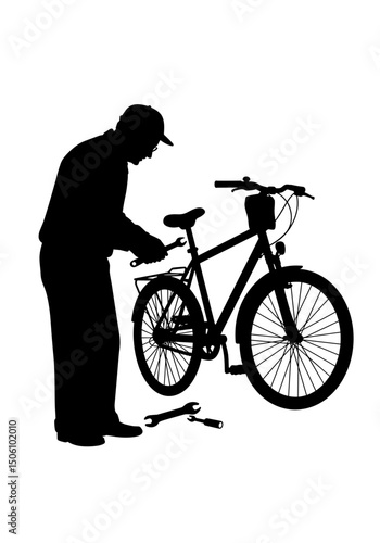 Elderly man repairing bicycle using tools in silhouette - Concept of silhouettes of elderly people  