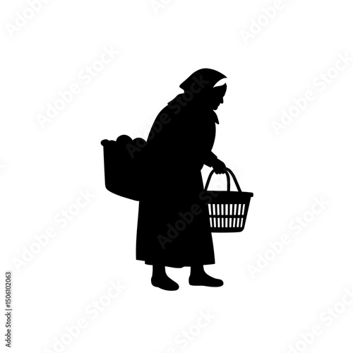 Elderly woman carrying a basket of produce while walking outdoors - Concept of silhouettes of elderly people  