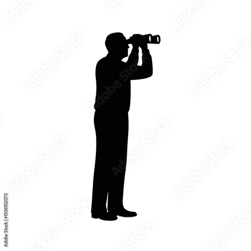Elderly man using binoculars silhouette against white background  