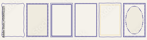 Stamp style frames for greeting cards, wedding and birthday invitations, social media design templates. Hand drawn ornamental borders. Minimalistic line art. Vector flat illustration.