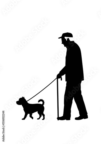 Elderly man walking dog while using a cane - Concept of silhouettes of elderly people  