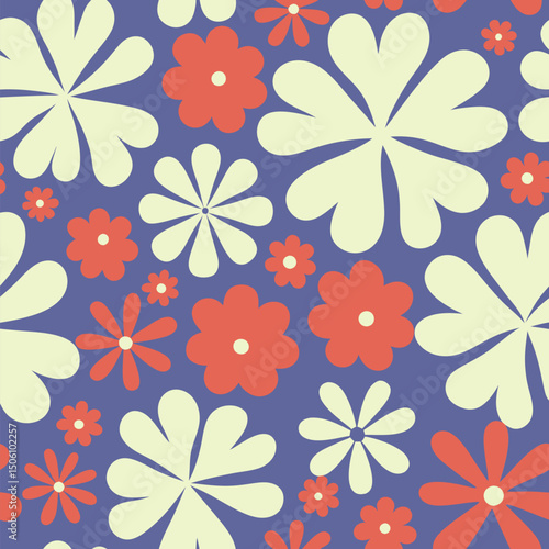 Seamless retro floral pattern in cream and coral on a purple background for textiles