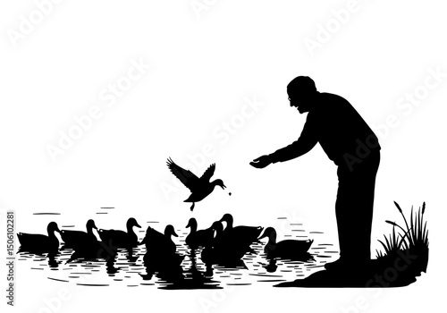 Elderly man feeding ducks by the water with silhouettes concept of elderly people  