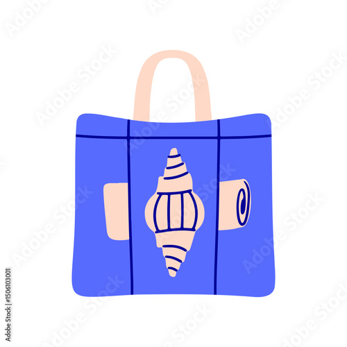 Summer beach bag modern flat illustration. Seashell print on blue tote bag. Hand drawn design element