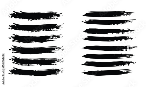 Set of black grunge brush strokes and ink splashes on white background