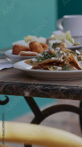 Beautifully set breakfast table featuring chilaquiles and fresh orange juice in warm morning light. A traditional Mexican breakfast presented in an elegant hotel setting.