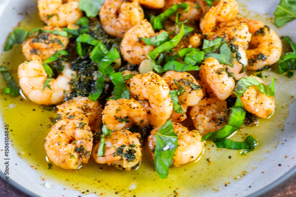 Fototapeta premium Jumbo Shrimp Scampi Sauteeing in Butter and Olive Oi