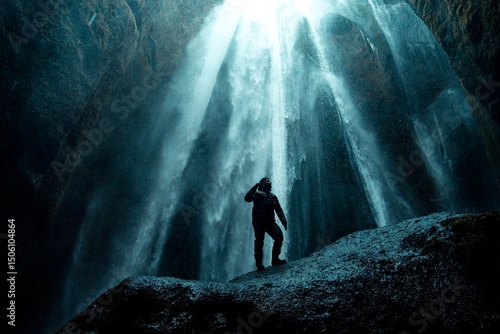 Man in rain gear inside hidden Gljúfrabúi cave waterfall