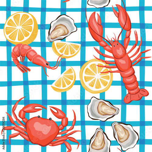 Lobster, crab, shrimp, lemon, oyster seamless pattern, blue checkered background. Summer sea print.