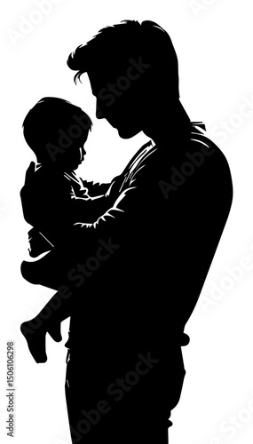A black and white silhouette of a dad holding a child on a white isolated background. vector graphics. EPS.