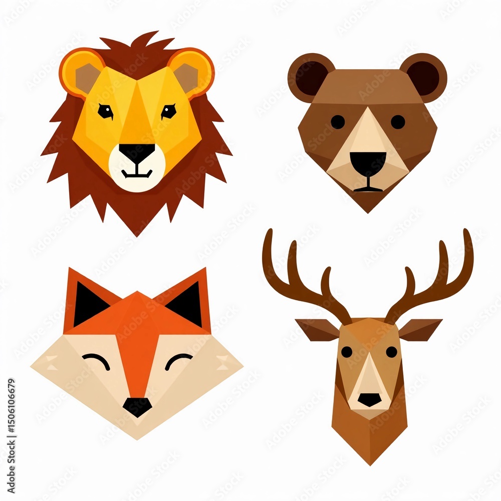 Fototapeta premium Photo of Geometric animal heads of lion, bear, fox, and deer isolated on white