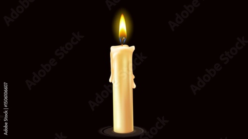 Candle burns with realistic fire on dark background