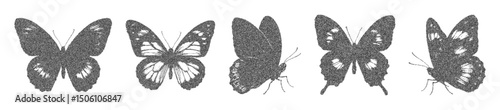 Modern and stylish butterfly designs with a photocopy halftone effect. Spotted black butterflies in a retro style. Y2K-inspired elements for collages and posters. Grainy texture. Nature-themed