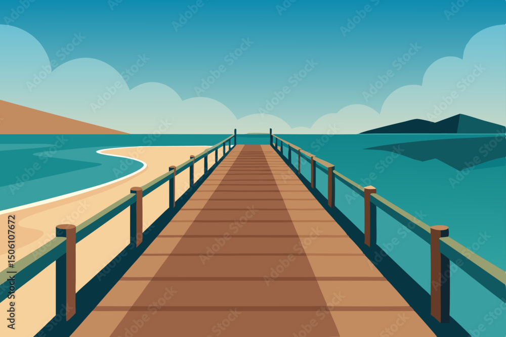 Fototapeta premium Long wooden pier extends over the tropical blue ocean, a serene landscape under a summer sky