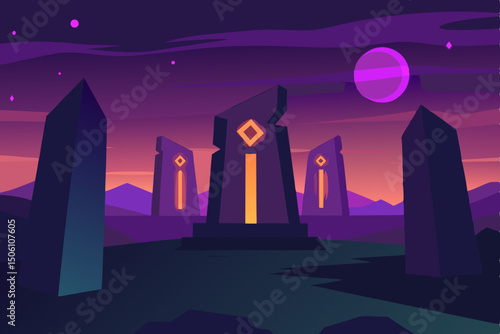Spooky Halloween night cemetery illustration with urban skyline silhouette and dark moonlit sky
