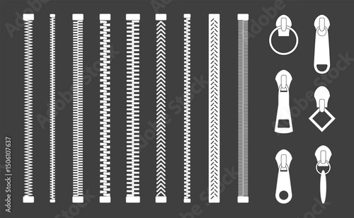 Zipper sign set silhouette. Zipper pattern collection. Different white zippers brush elements, fasteners patterns. Vector illustration