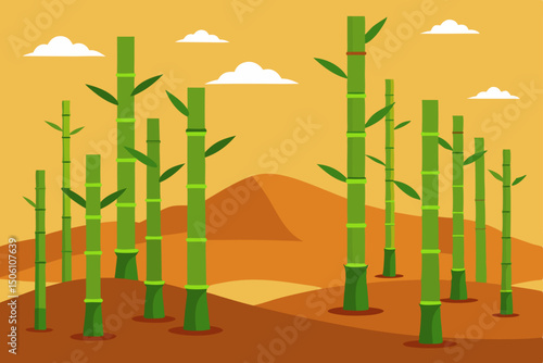 Green bamboo stalks and leaves in a serene morning forest, illustrating a natural Asian zen pattern