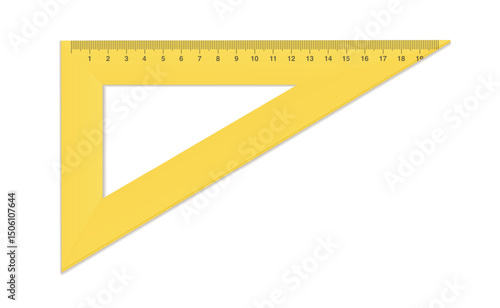 Vector mockup yellow triangle ruler. Measuring tool with ruler scale. School measuring equipment