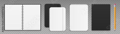 Open and closed notepad set. Black and white notebook with spiral. Vector EPS 10