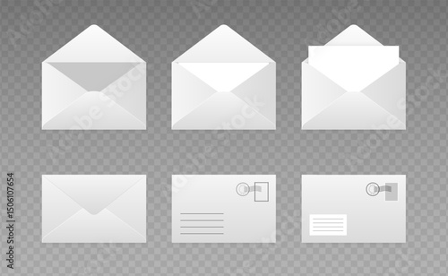 Envelopes with letter closed, open, with postage stamp. Folded and unfolded white paper envelope set. Vector clip art collection
