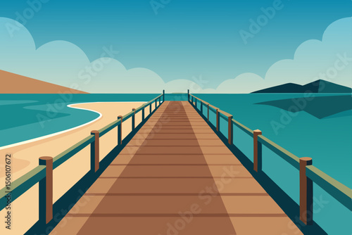 Long wooden pier extends over the tropical blue ocean, a serene landscape under a summer sky