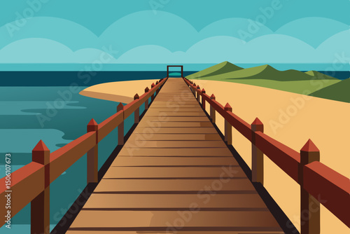 A wooden bridge extends over the tropical sea towards the horizon, creating a serene landscape perfect for a summer vacation