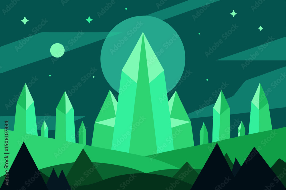 Fototapeta premium Christmas night landscape vector illustration with snow-covered trees and mountains