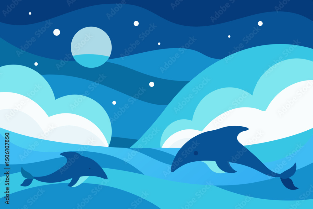 Fototapeta premium Abstract vector illustration of dolphins in the blue ocean with sun and waves