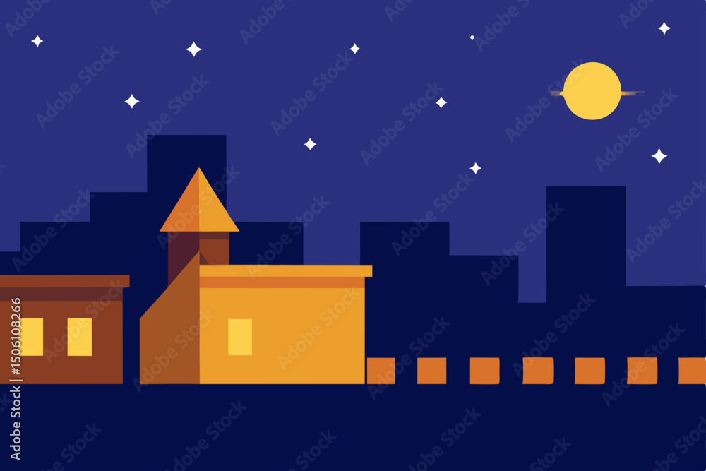 Fototapeta premium Moonlit night city skyline illustration with stars and dark buildings
