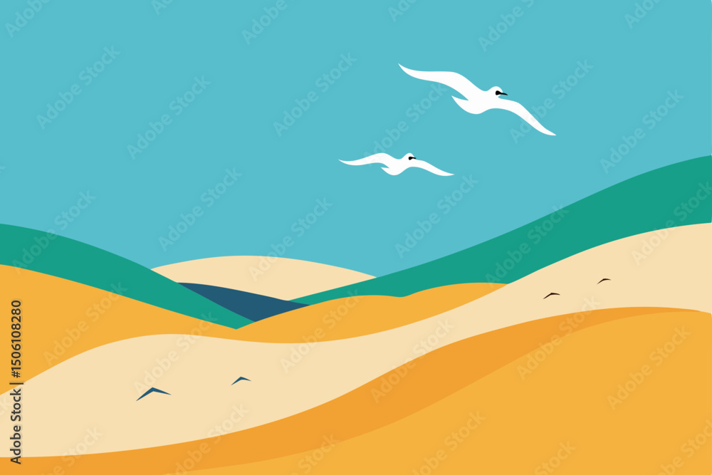 Fototapeta premium Vector illustration of a tropical beach sunset with a seagull over the ocean