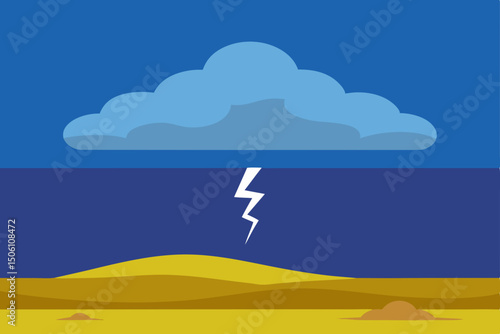 Dynamic blue sky vector illustration with a stunning cloud and lightning scene over a summer sea landscape