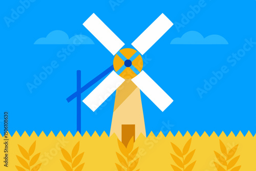 Windmill in a green wheat field with blue sky, generating clean renewable energy