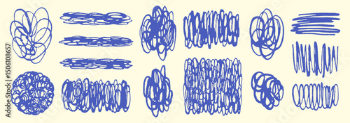 Hand drawn grunge ink pen stylus graphic design elements set. Scribbles squiggles doodles, round rectangle circle shapes, brush strokes. Rough uneven artistic hatching. Backgrounds dividers collection