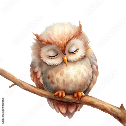 A fluffy baby owl sleeping on a tree branch with closed eyes and a peaceful expression. Soft browns and whites in a hand-drawn style..png