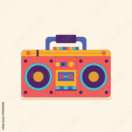 Colorful retro boombox vector illustration. Vintage cassette tape recorder in flat cartoon style. Perfect for 80s music designs, party posters, stickers, and nostalgic projects.