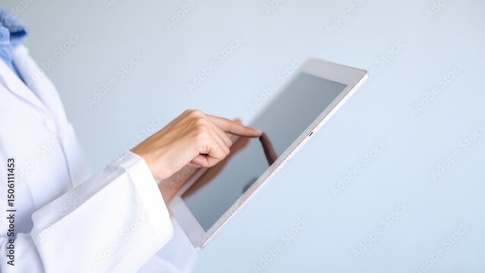 A medical worker in a white lab coat is shown from the side, operating a digital tablet with their finger. A medical worker in a white lab coat is shown from the side, operating a digital tablet with their finger.