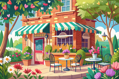 vector of A quaint suburban cafe with outdoor seating and blooming flowers.