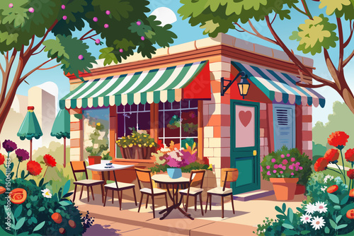 vector of A quaint suburban cafe with outdoor seating and blooming flowers.