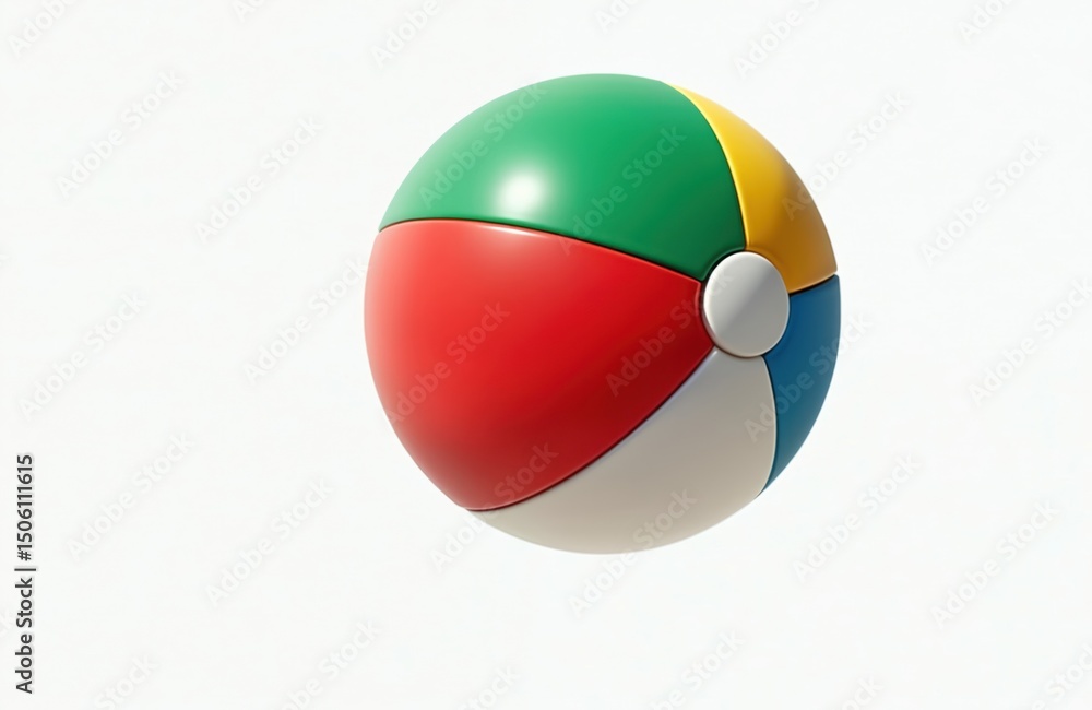 Naklejka premium Isolated beach ball on white background. Colorful inflatable beach ball with stripes, bright colors. Summer, holiday, beach, vacation, fun concept. Round toy for playing in water pool. Nobody around,