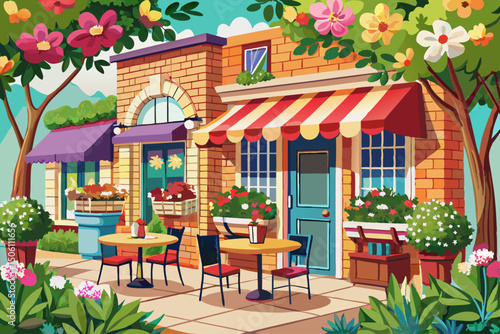 vector of A quaint suburban cafe with outdoor seating and blooming flowers.