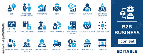B2B icon set featuring business networking, deal, SaaS, analytics and partnership. Perfect for B2B platforms, websites, apps and marketing visuals.