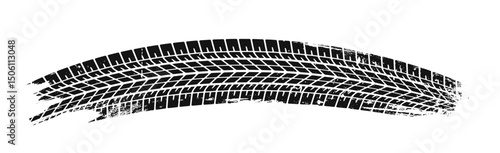 Black curved tire track with grunge texture and worn edges, stylized in a bold graphic art style on white background. Concept of speed and movement. Vector illustration
